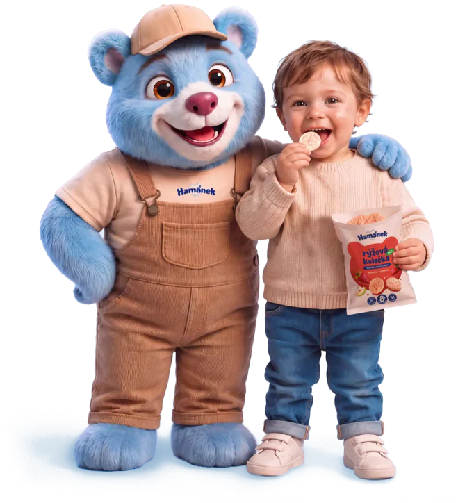 Maskot Hamánek s dítětem.