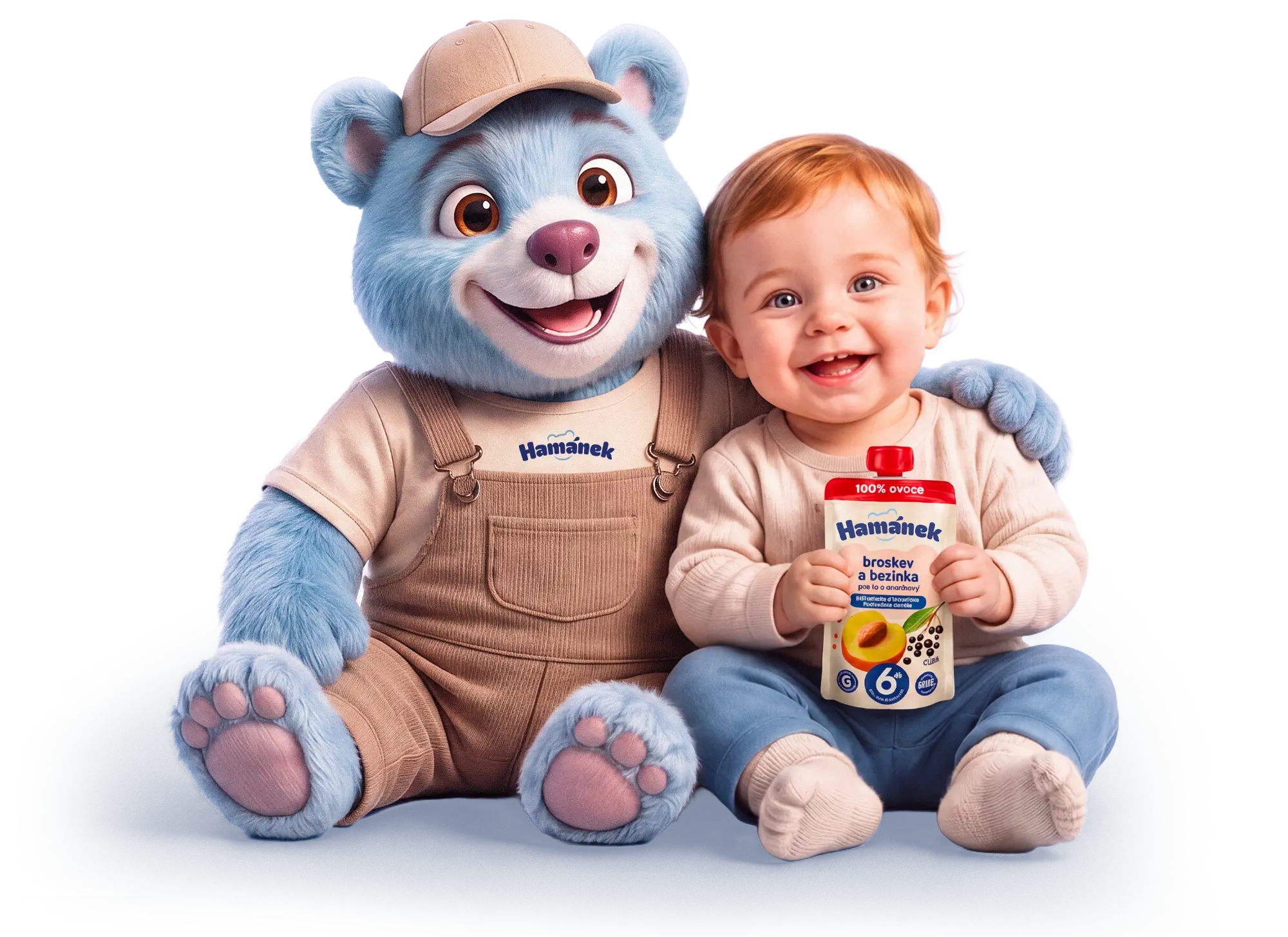 Modrý maskot Hamánek s usměvavým dítětem, které drží ovocnou kapsičku.