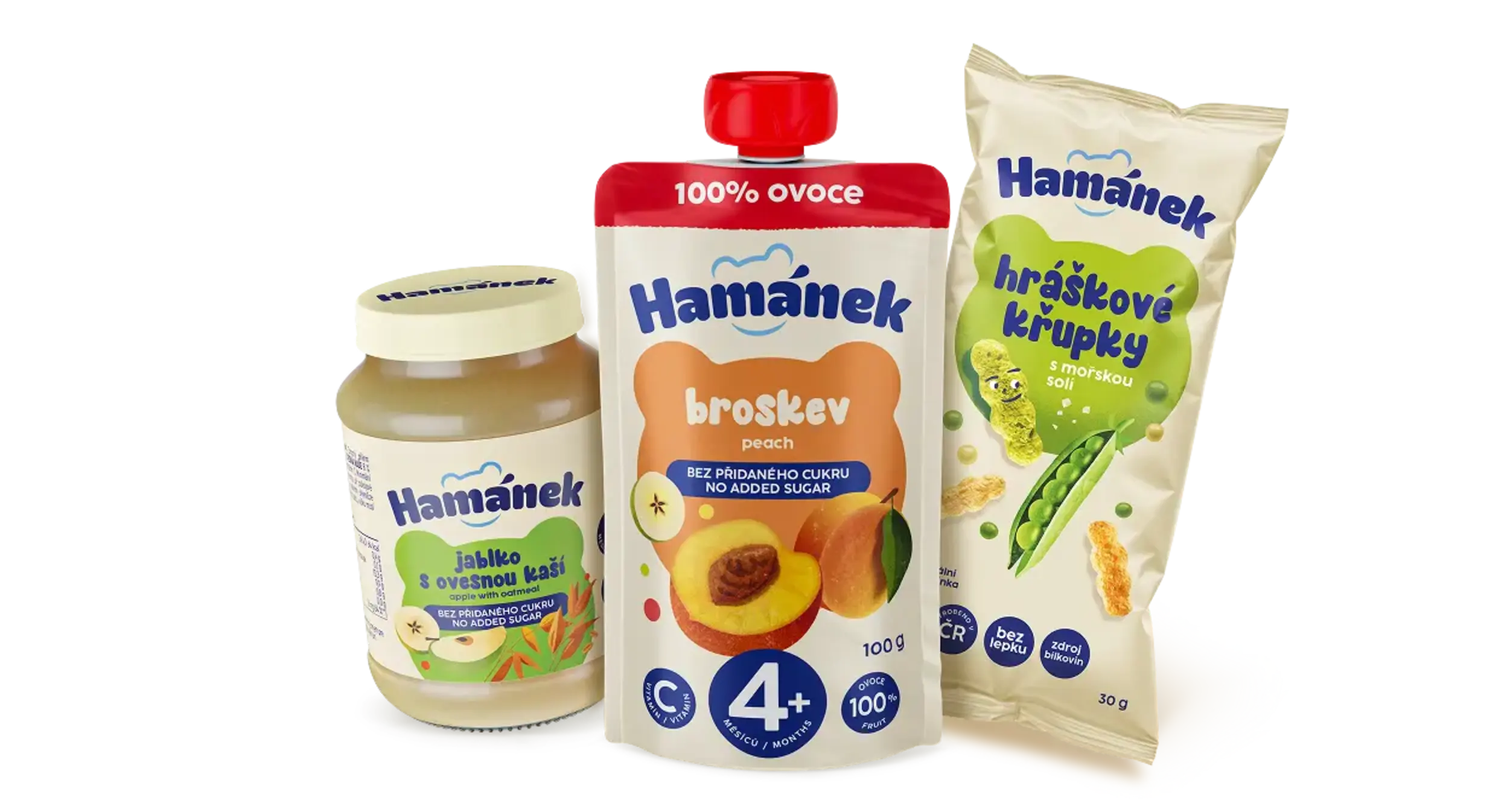 Ovocný příkrm, kapsička a křupky Hamánek.